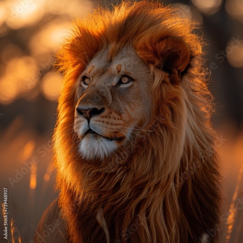 A majestic lion, captured in the golden light of the savannah, its mane flowing as it surveys the vast landscape  © Nico