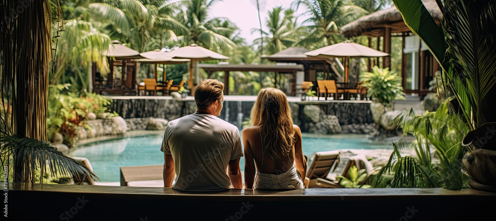 Back View of a Young travelling couple relaxing in the jungle resort hotel - obrazy, fototapety, plakaty 
