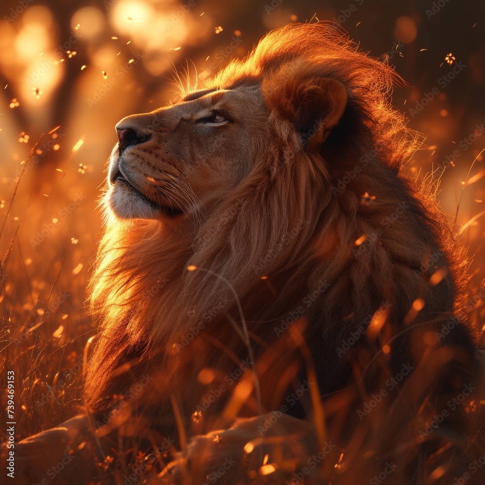 Naklejka premium A majestic lion, captured in the golden light of the savannah, its mane flowing as it surveys the vast landscape