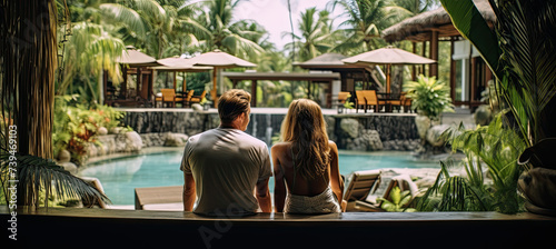 Back View of a Young travelling couple relaxing in the jungle resort hotel