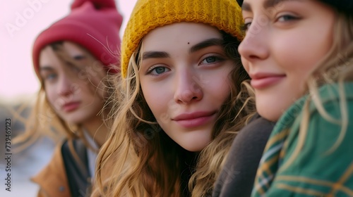 Three Young Women Wearing Winter Hats and Scarves. Generative AI.