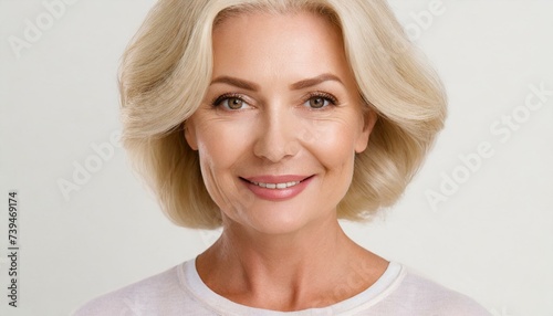 Beautiful gorgeous 50s mid aged mature woman looking at camera isolated on white. Mature old lady close up portrait
