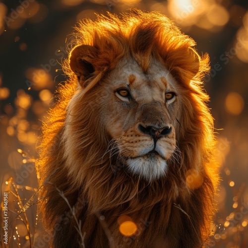 A majestic lion  captured in the golden light of the savannah  its mane flowing as it surveys the vast landscape 