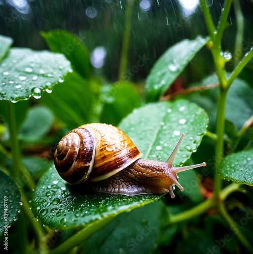 A snail crawls along a green leaf after rain, close-up. Generative AI