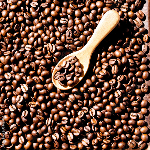 Scattered coffee beans and a wooden spoon. Generative AI