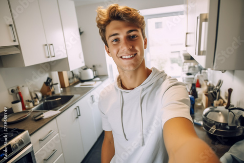 Young man taking selfie in the kitchen