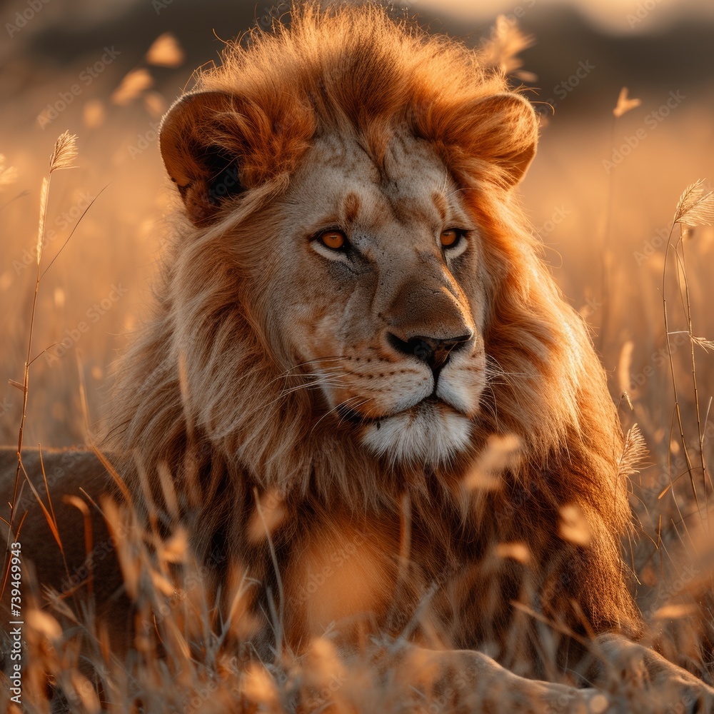 Fototapeta premium A majestic lion, captured in the golden light of the savannah, its mane flowing as it surveys the vast landscape 