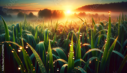 Sunrise over a dew-covered cornfield, with light filtering through the mist and creating a sparkling effect on the water droplets.Landscape concept.AI generated.