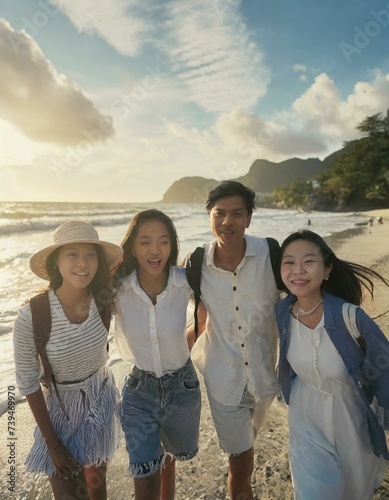  A group of friends candidly enjoying on a beach vacation, smiling broadly with joy and gratitude, embodying happiness by the serene ocean