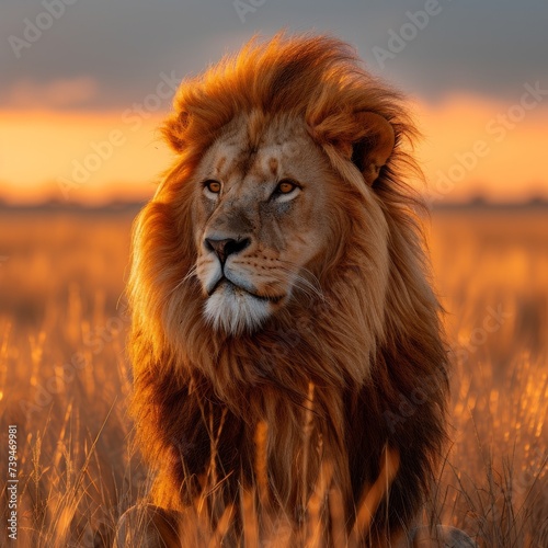 A majestic lion, captured in the golden light of the savannah, its mane flowing as it surveys the vast landscape 