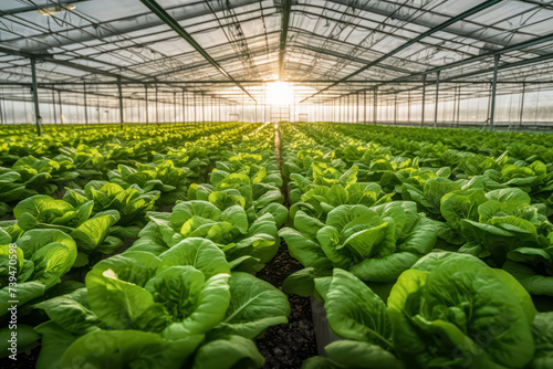 Lush green lettuce leaves flourish in a vegetable field, creating a vibrant gardening background with salad plants thriving in a greenhouse setting. photo