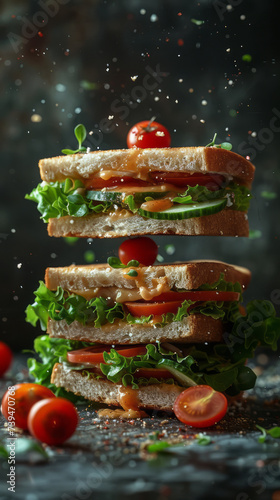 one delicious club sandwich, floating in the air,generative ai