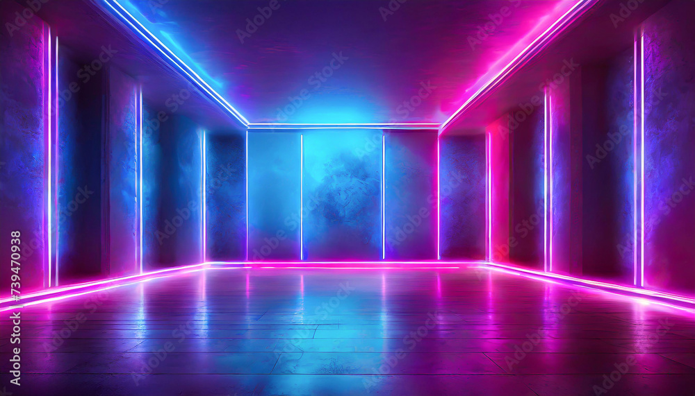 stage with spotlight neon lights mockup empty room with blue and purple colors