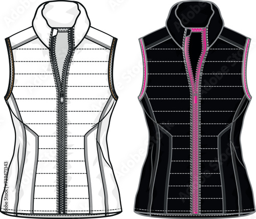 VEST Design. Black white and colorful VEST design vector illustration for winter fashion collection. Outerwear, garment technical drawing, blank clothing template.