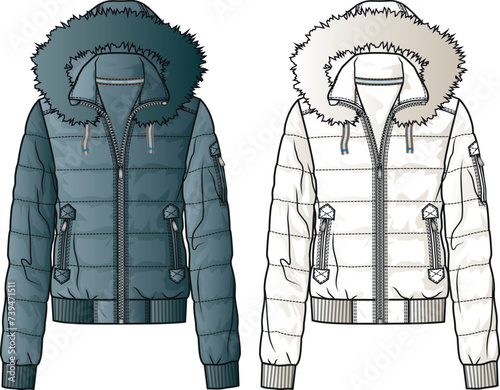 Hooded Coat Design, Snow Coat Vector Flat Sketch, Technical Drawing, Clothing Fashion. Black white and colorful Coat design vector illustration for winter fashion. Outerwear waterproof garment.