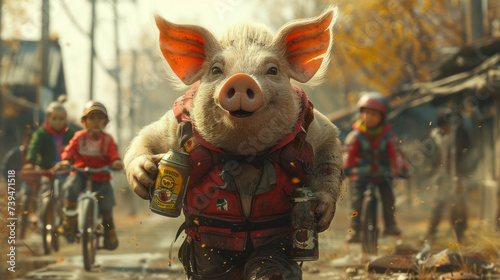 Cute pig, standing confidently in the center of a rural road, holds a can of beer,generative ai