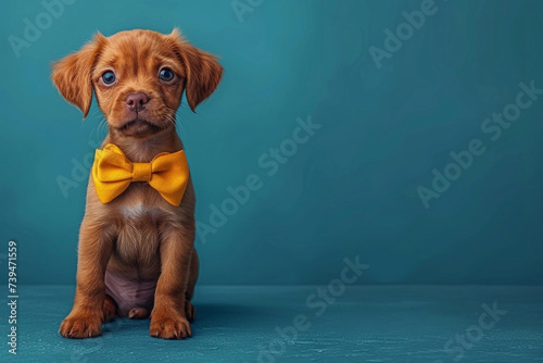 Funny puppy with yellow bow tie in children's cartoon style on blue background and place for inscription.