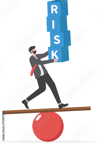 Risk for losing job concept, Businessman carrying risk blocks and balancing not to fail from walking on a ball

