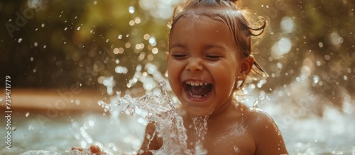 Carefree young child joyfully playing and splashing in a refreshing sparkling fountain under the sun