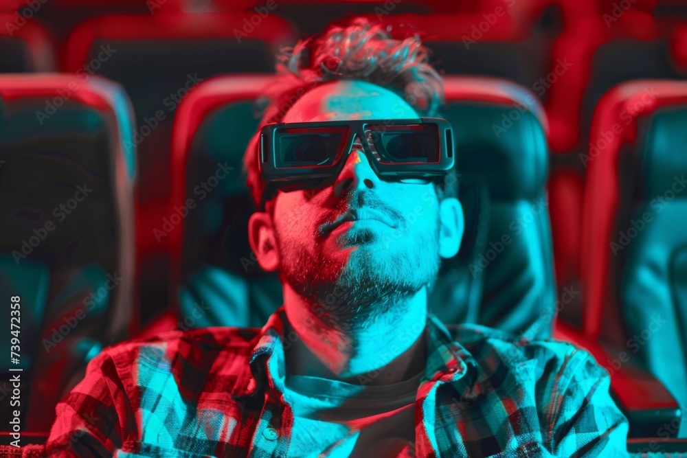 Man wearing 3D glasses in cinema. Cinema festival concept. Cinematography, movie show. Design for banner, poster Man wearing 3D glasses in cinema. Cinema festival concept. Cinematography, movie show. Design for banner, poster