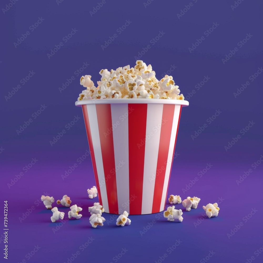 Popcorn in a striped cup on a purple background. Cinema festival concept. Cinematography, movie show. Design for banner, poster. 