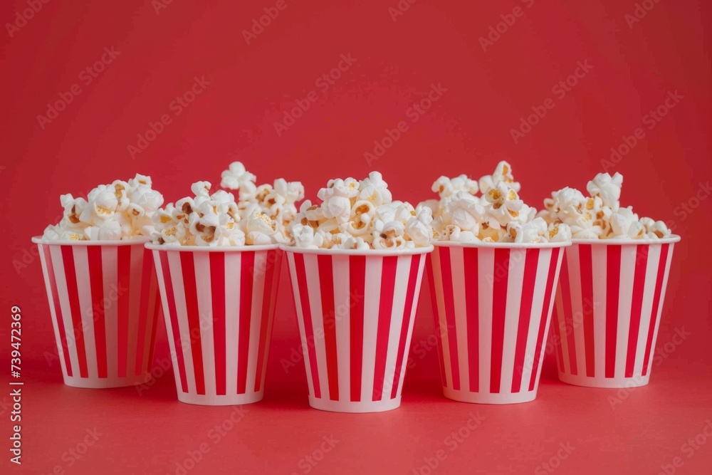 Row of striped popcorn containers on red background. Cinema festival concept. Cinematography, movie show. Design for banner, poster