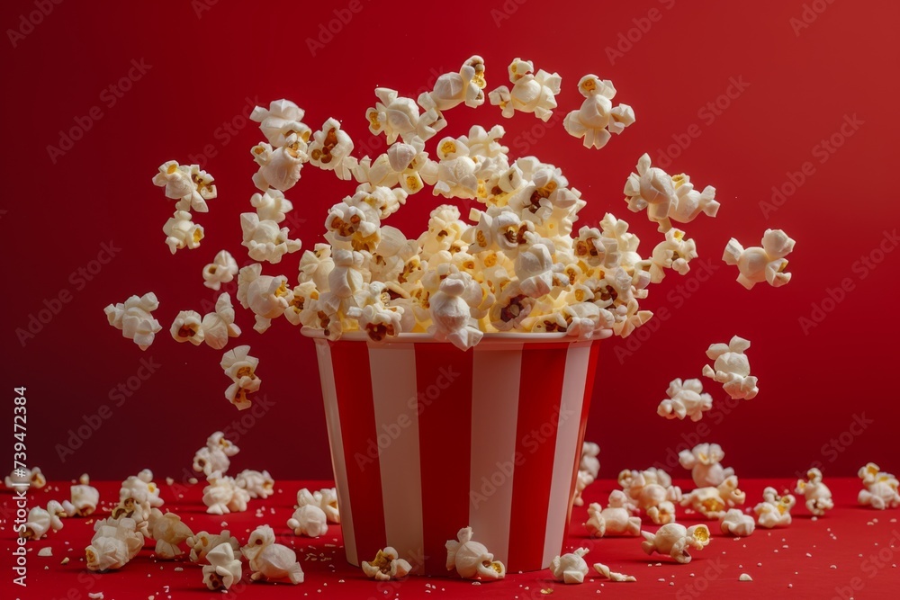 Popcorn bursting out of striped container on red background.  Cinema festival concept. Cinematography, movie show. Design for banner, poster. 
