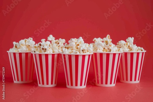 Row of striped popcorn containers on red background. Cinema festival concept. Cinematography, movie show. Design for banner, poster