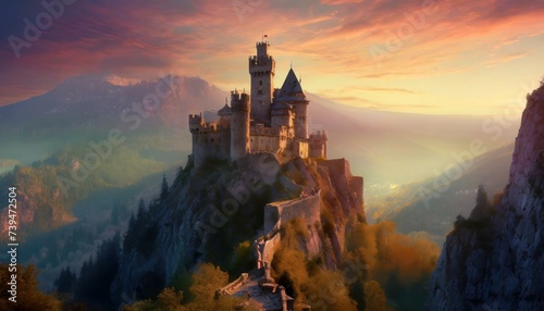 castle in the mountains. A majestic scene of a castle perched atop steep mountains during sunset. photo