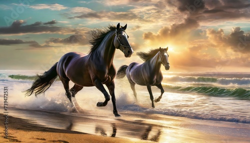 horse running at the sunny beach. A mystic scene capturing black horses running along a beach at sunrise. 