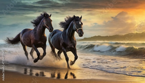 horse running at a sunny beach. A mystic scene capturing black horses running along a beach at sunrise.  © Jay Kat.