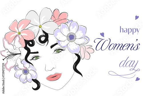 Abstract Background, Woman's Face, Line, Wreath of Flowers, Womens Day, Concept, Hand Drawn, 8 March, sketch, Beautiful, Vector illustration 