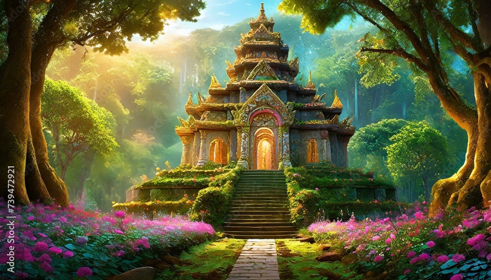 An ancient temple, nestled in the heart of a dense forest, partially enveloped by nature. - obrazy, fototapety, plakaty 