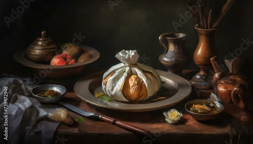 still life with pumpkin and apple