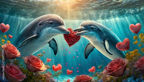 two dolphins in the sea. heartwarming scene where two beautiful dolphins carry valentine shaped hearts in their mouth  photo