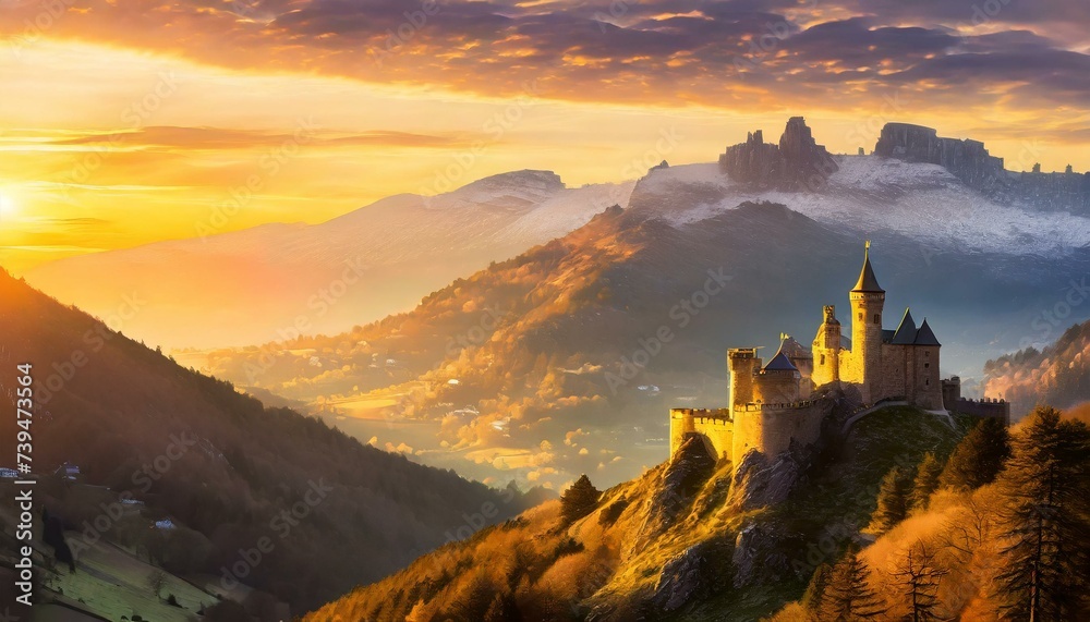 At the foothills of towering mountains, a majestic castle stands ...