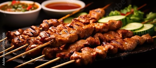 chicken and beef satay meat stick skewer with cucumber photo