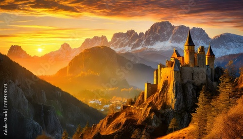 At the foothills of towering mountains, a majestic castle stands perched on a steep incline, silhouetted against the backdrop of a breathtaking sunset. The landscape is imbued with drama and grandeur  photo