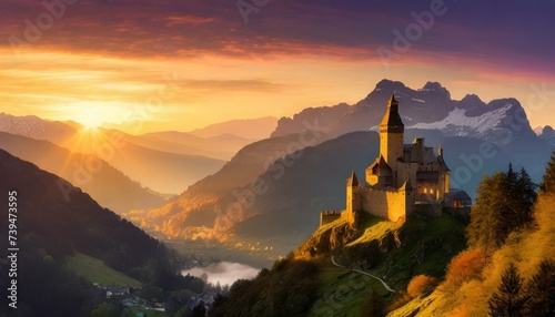 At the foothills of towering mountains, a majestic castle stands perched on a steep incline, silhouetted against the backdrop of a breathtaking sunset. The landscape is imbued with drama and grandeur  photo