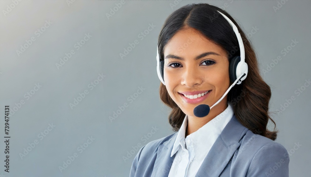 Call center, young woman and smile in contact us with CRM, headset with mic and mockup space. Customer service, happy female and telemarketing Call center, young woman and smile in contact us with CRM, headset with mic and mockup space. Customer service, happy female and telemarketing