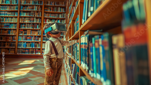 The portrait of a young smart boy using a VR headset while standing in the library surrounded by shelves full of books, utilizing modern technology in school education