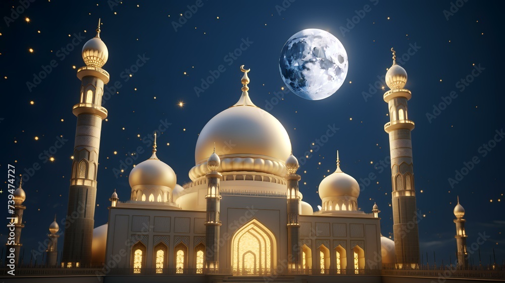 3D illustration of a beautiful mosque at night with moon and stars