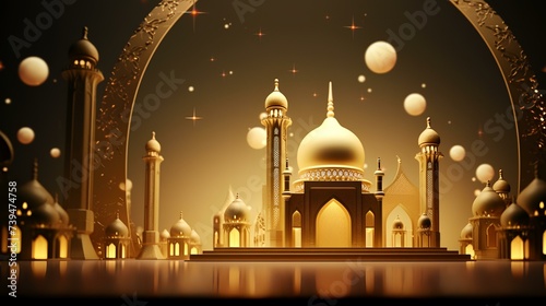 3D illustration of Ramadan Kareem's background with mosque and golden lanterns