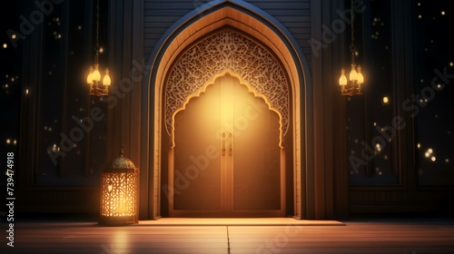 3D rendering of a mosque door with lanterns in the background