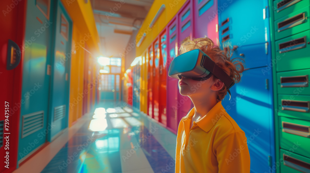 Obraz premium Portrait of a young, charming schoolboy with a VR headset on his head while standing in the school hallway with colorful lockers, education with modern technologies.