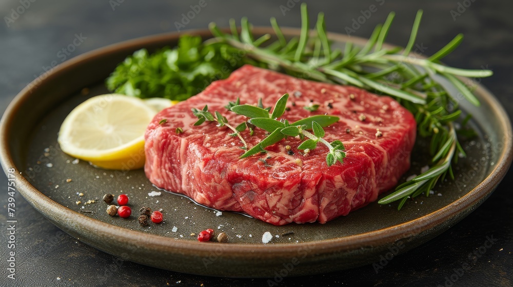 a raw steak on a Plate well decorated as a product photo a raw steak on a Plate well decorated as a product photo