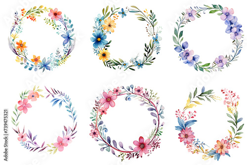 set of watercolor flower wreath isolated on transparent background