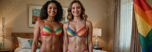 lesbian couple wearing rainbow color bra