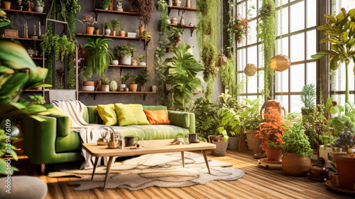 A warm and inviting living room adorned with lush green plants  creating a cozy and tranquil atmosphere perfect for relaxation and unwinding in the evening.