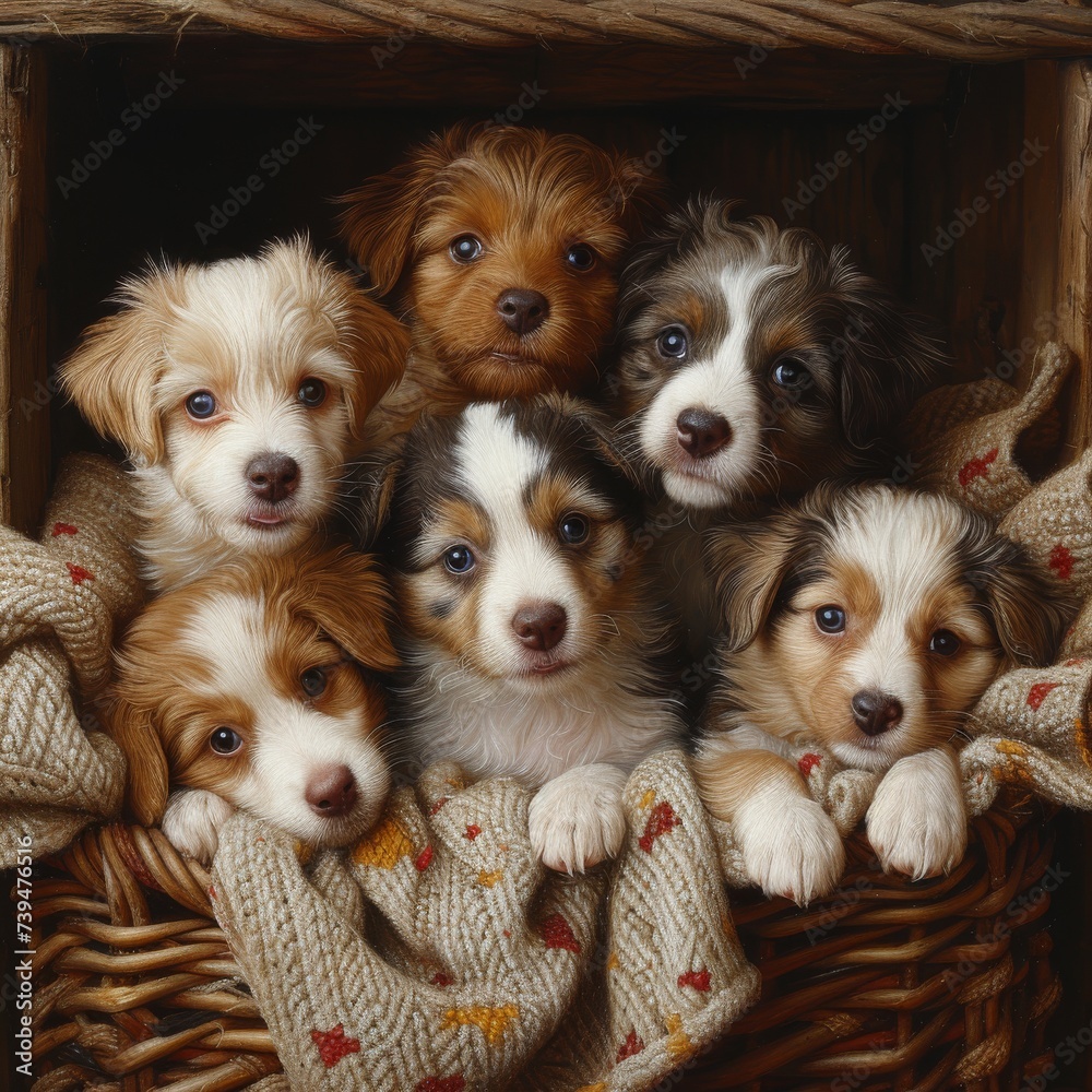 An adorable group of puppies, each with expressive eyes, cuddled together in a cozy basket, representing warmth and companionship. An adorable group of puppies, each with expressive eyes, cuddled together in a cozy basket, representing warmth and companionship.